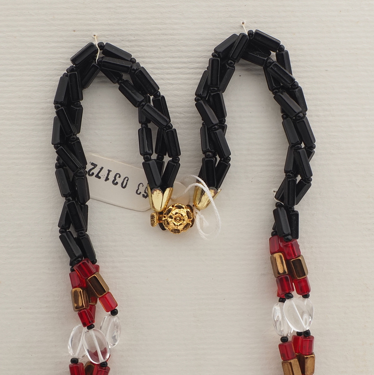 Vintage Czech 3 strand necklace clear black red bronze glass beads