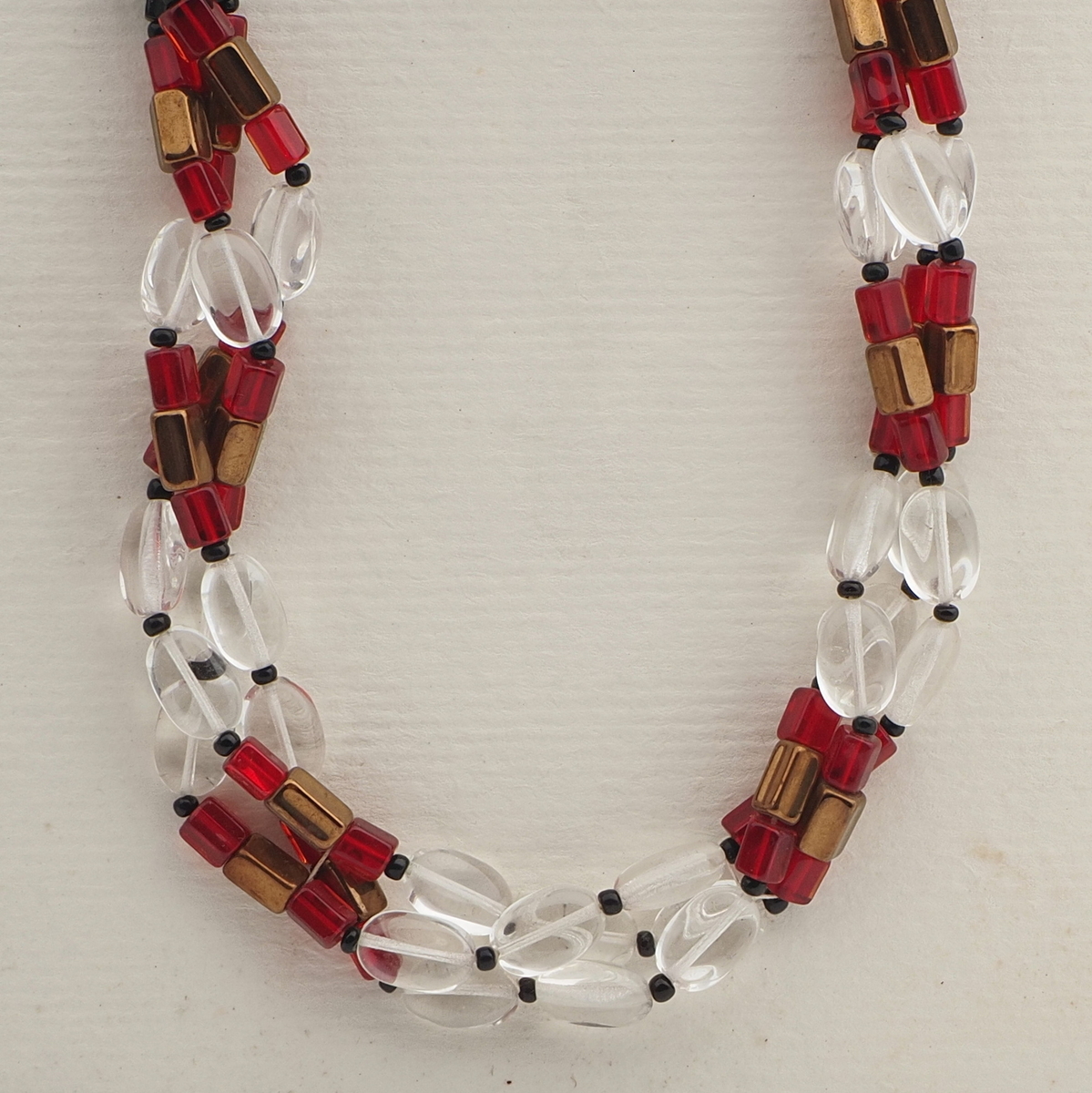 Vintage Czech 3 strand necklace clear black red bronze glass beads