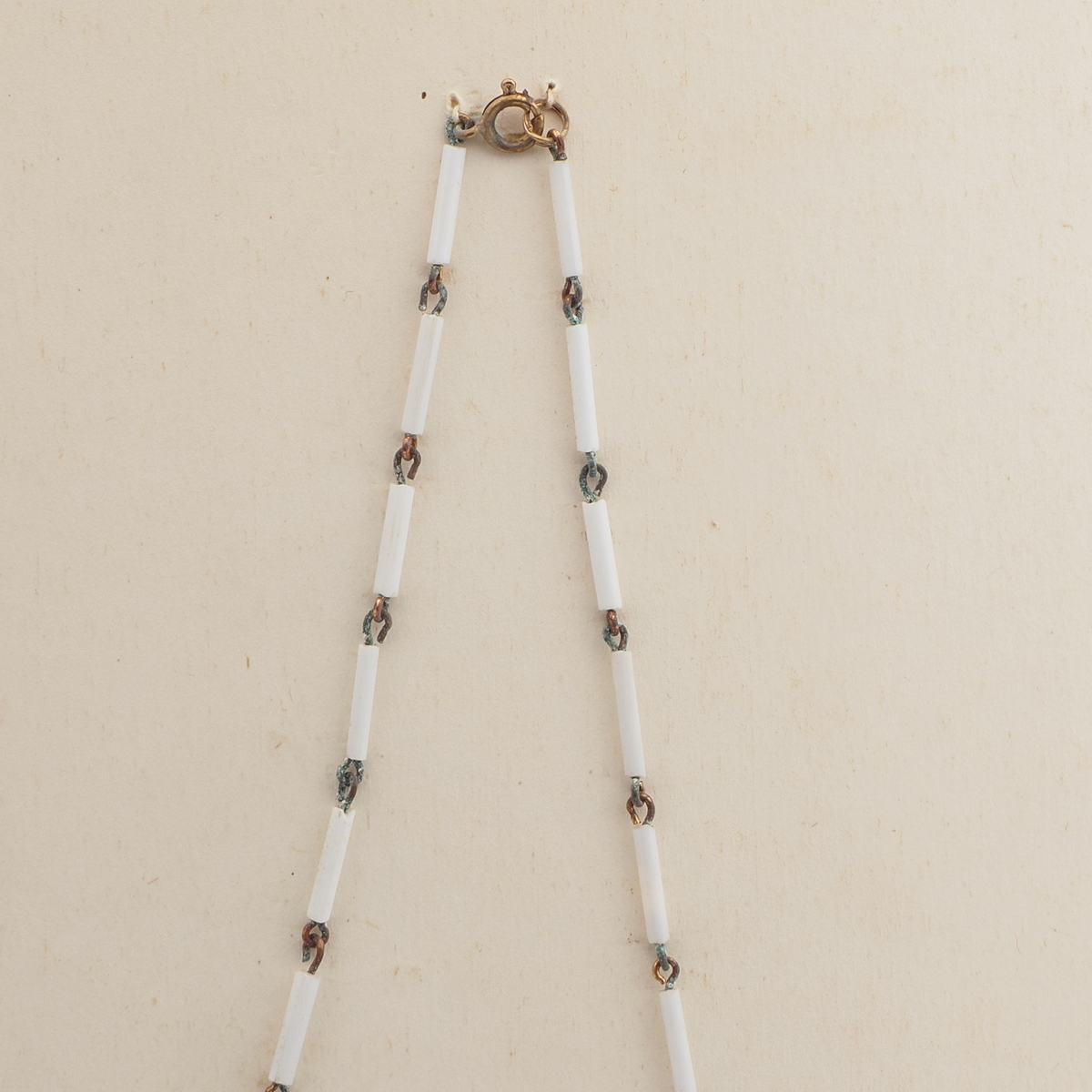 Vintage Czech link necklace white oval bugle glass beads 14"