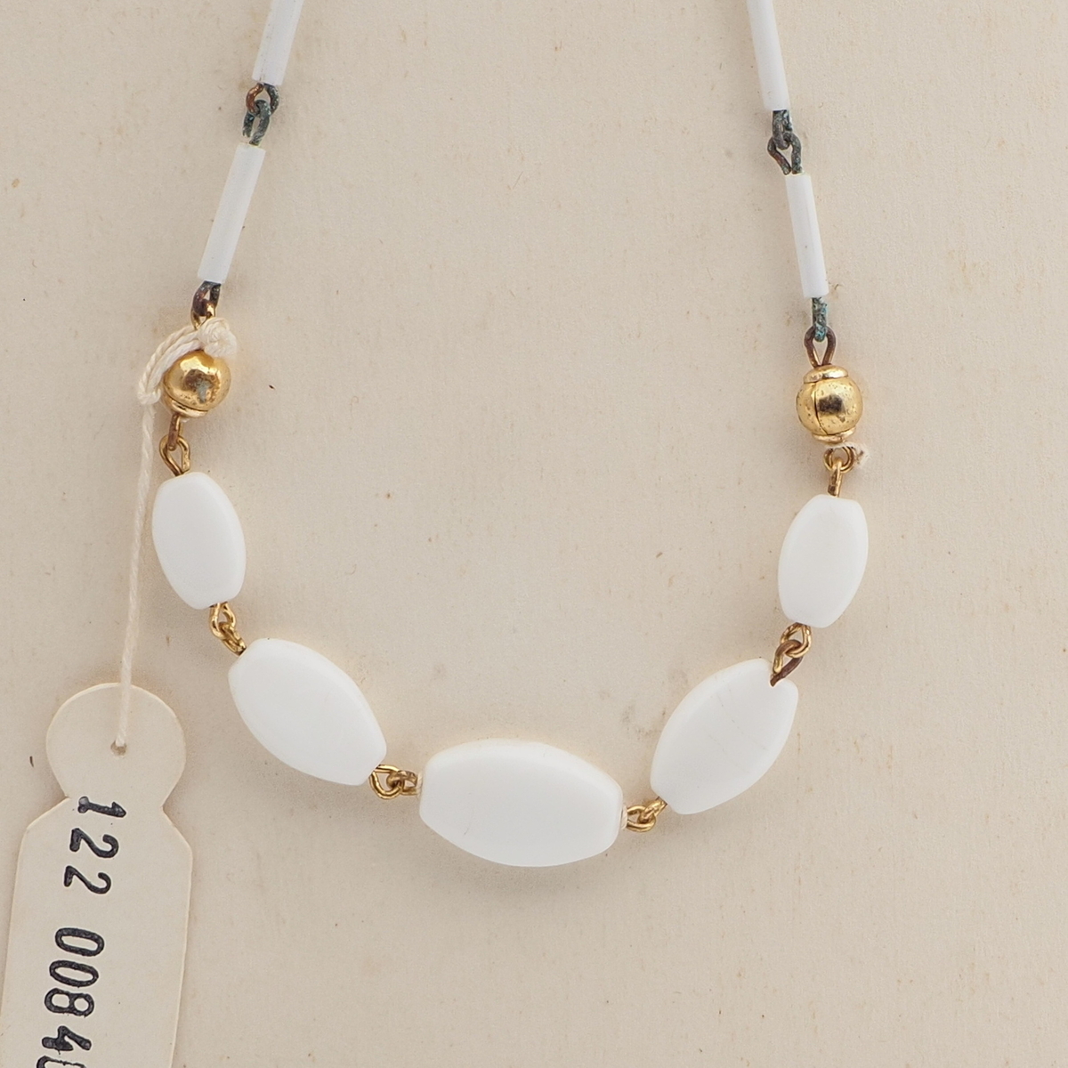 Vintage Czech link necklace white oval bugle glass beads 14"