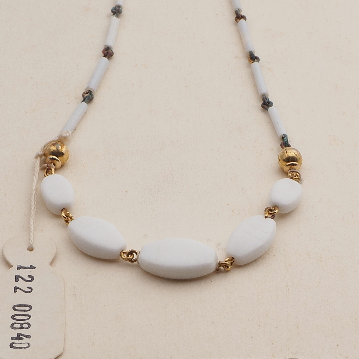 Vintage Czech link necklace white oval bugle glass beads 14"
