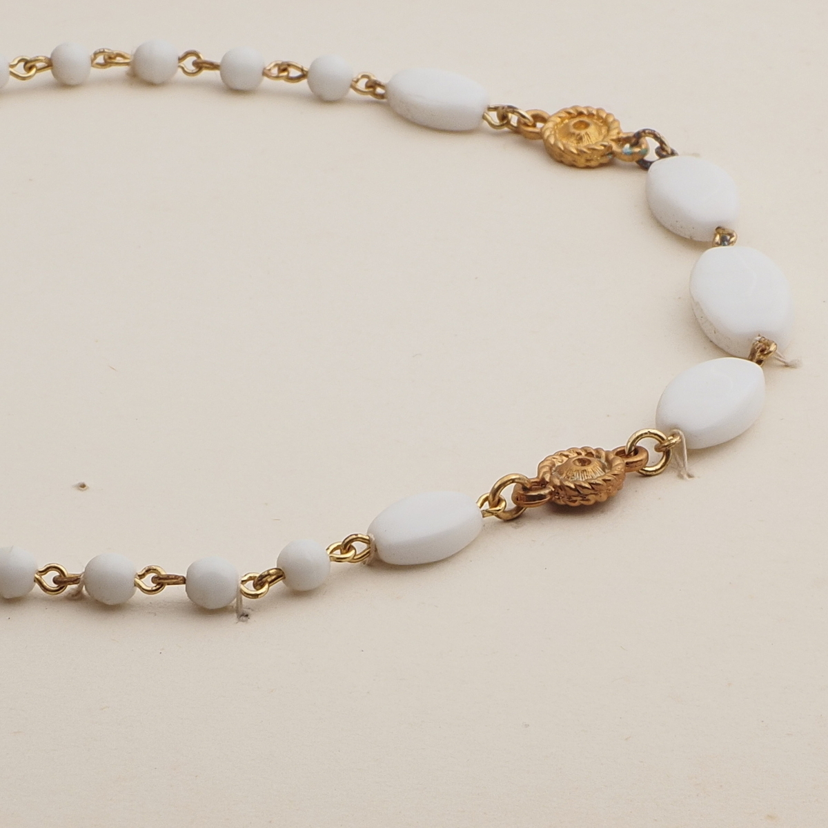 Vintage Czech link necklace white oval round glass beads 
