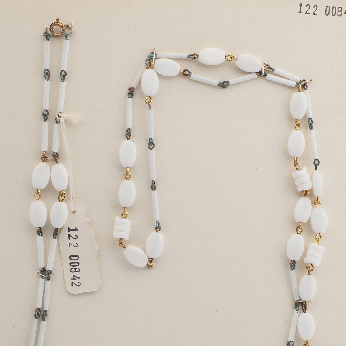 Vintage Czech link necklace white oval bugle glass beads 43"