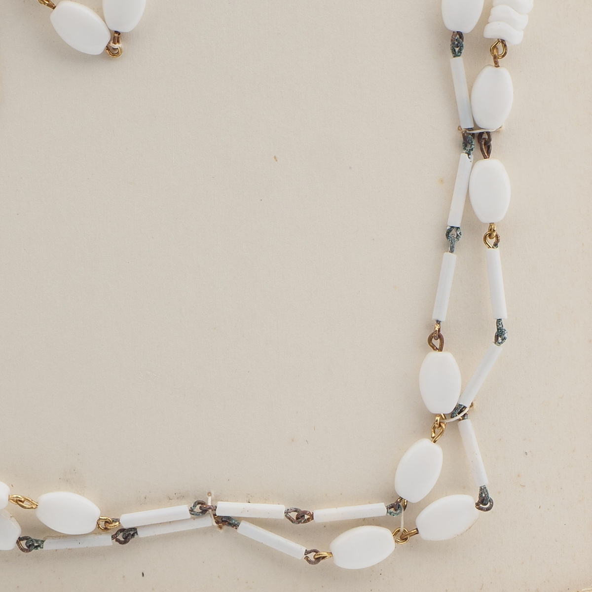 Vintage Czech link necklace white oval bugle glass beads 43"