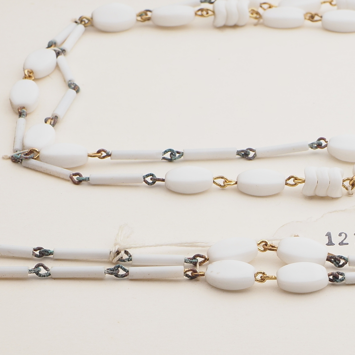Vintage Czech link necklace white oval bugle glass beads 43"