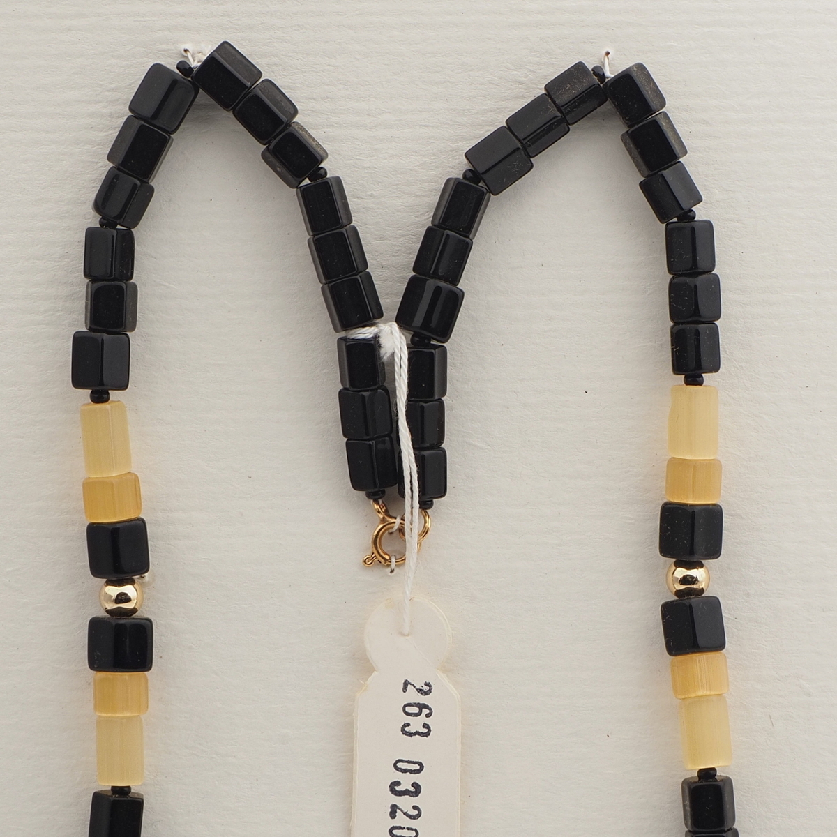 Vintage Czech necklace yellow satin atlas black pentagon glass beads 