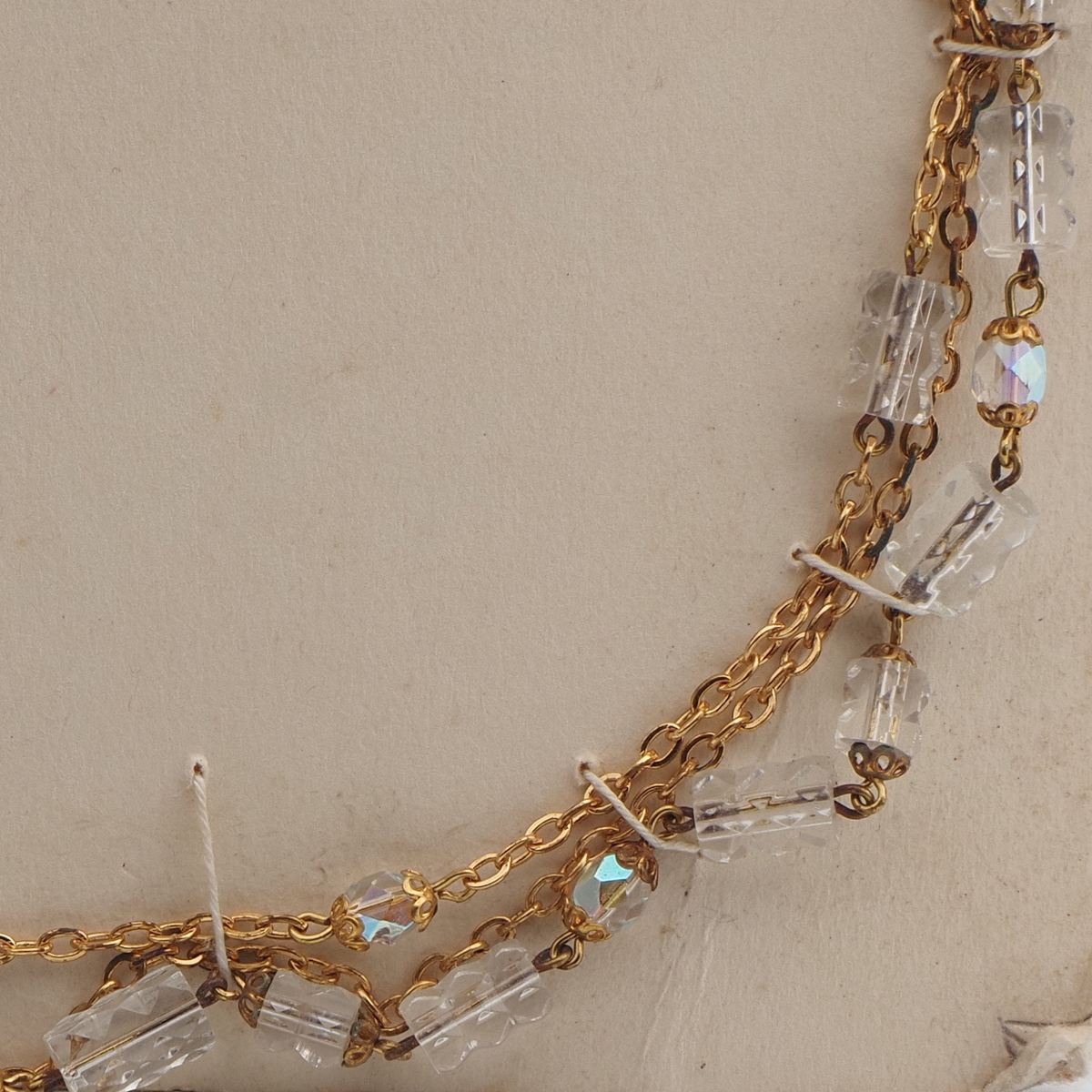 Vintage Czech 3 strand chain link necklace AB clear pentagon glass beads
