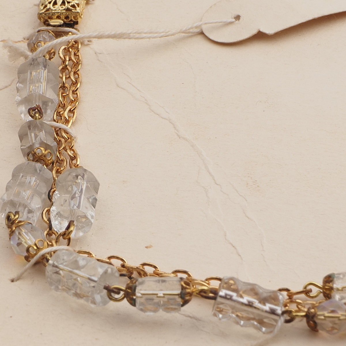 Vintage Czech 3 strand chain link necklace AB clear pentagon glass beads