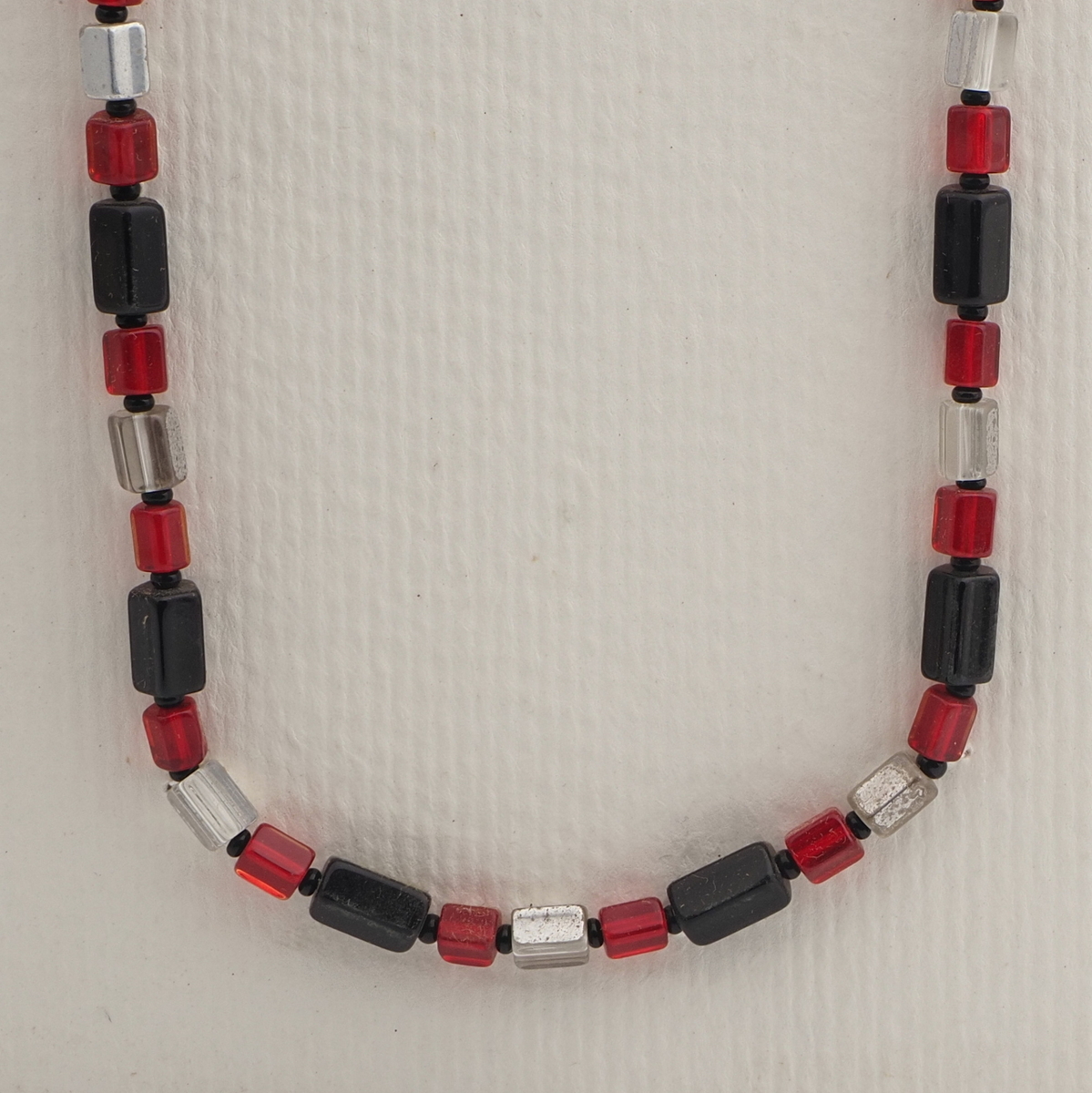Vintage Czech necklace red black silvered pentagon glass beads