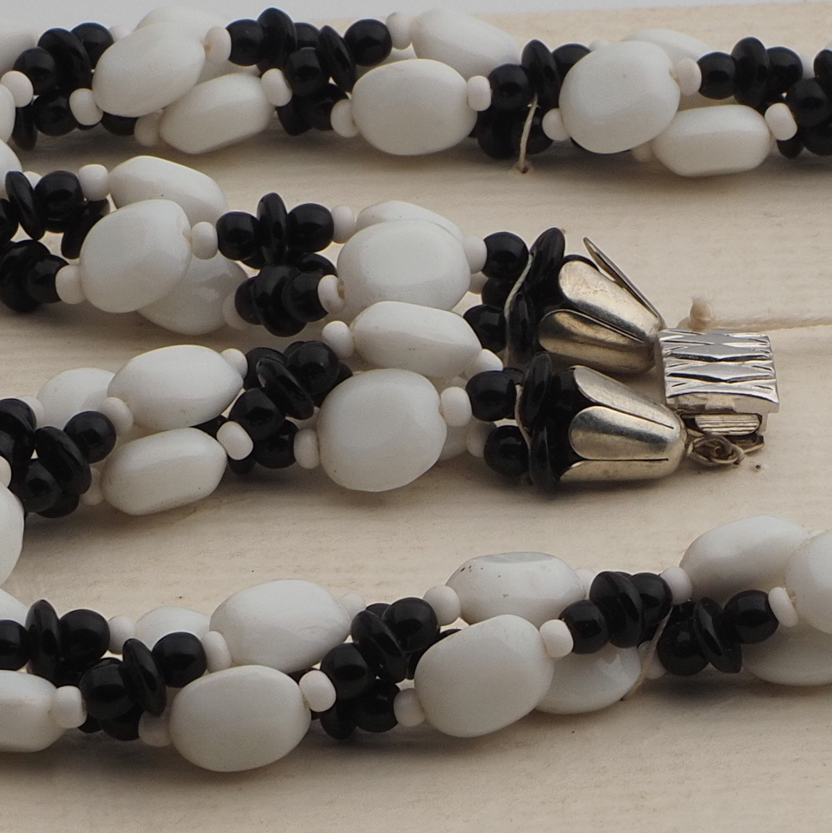 Vintage Czech 3 strand necklace black white glass beads