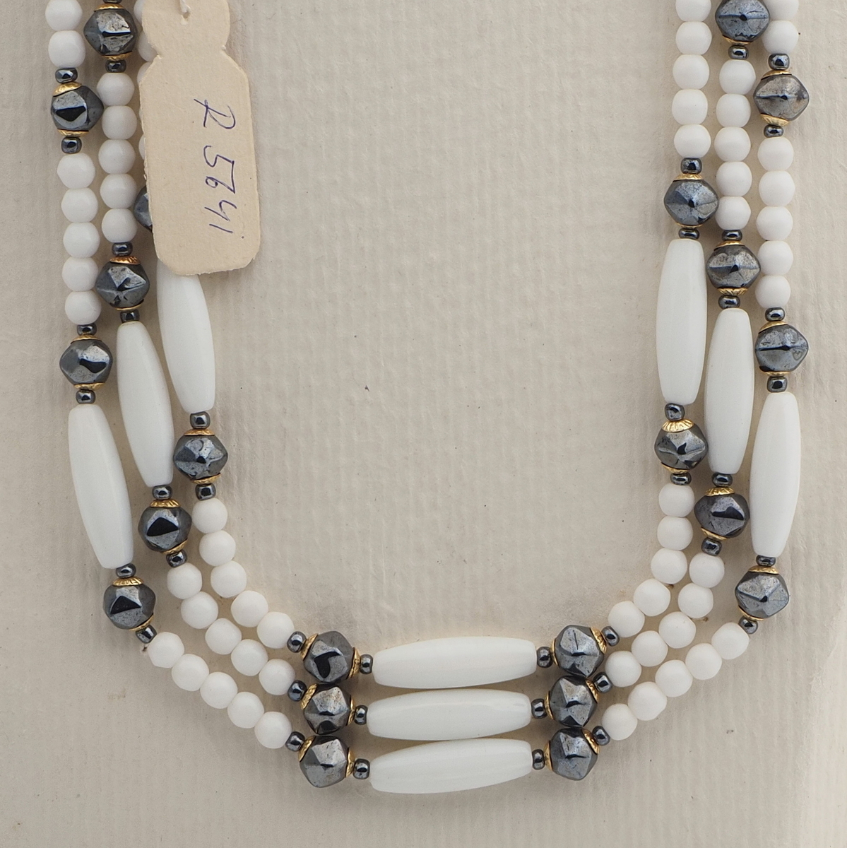 Vintage Czech 3 strand necklace white hematite glass beads 
