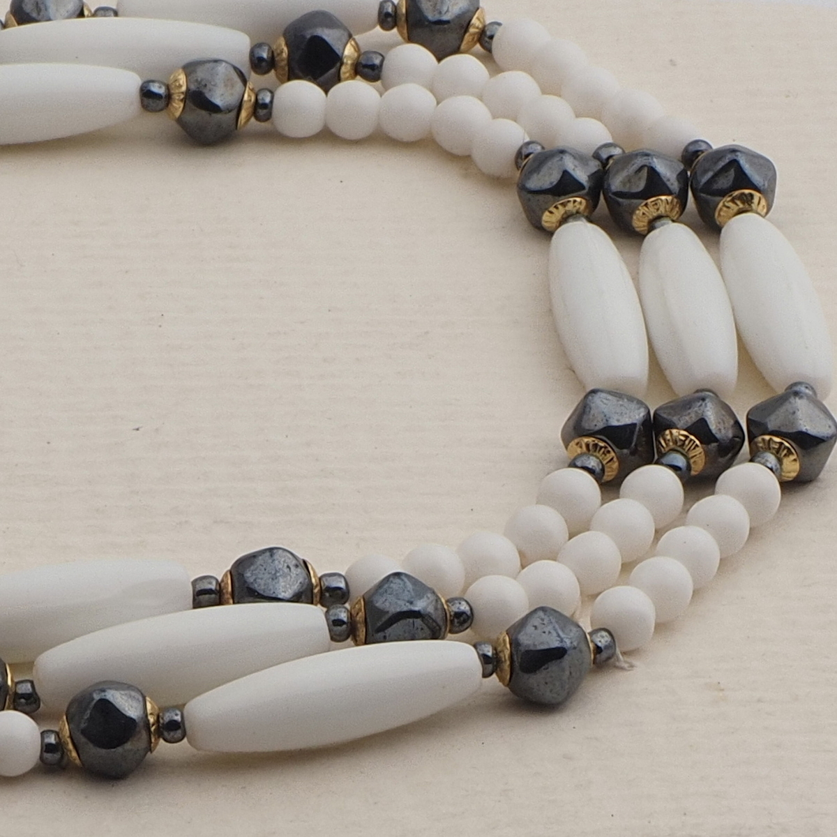 Vintage Czech 3 strand necklace white hematite glass beads 
