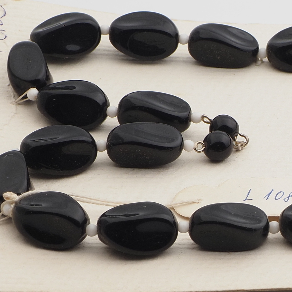 Vintage Czech necklace element large black oval square glass beads 24"