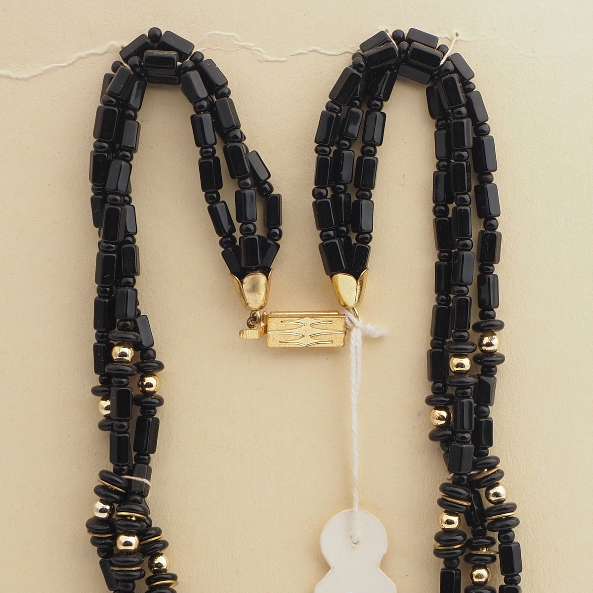 Vintage Czech 3 strand necklace black rondelle pentagon glass beads