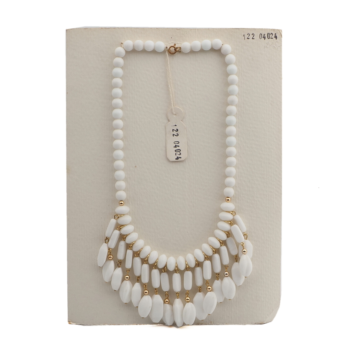 Vintage Czech fringe necklace white round rondelle hexagon glass beads 