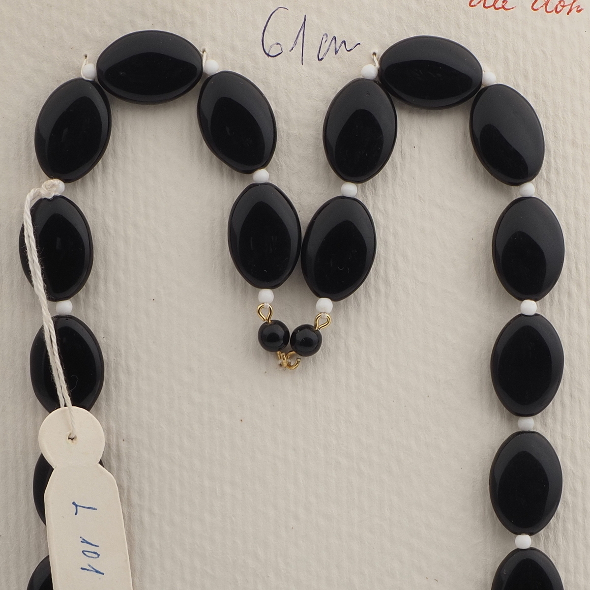Vintage Czech necklace element large black oval glass beads 24"