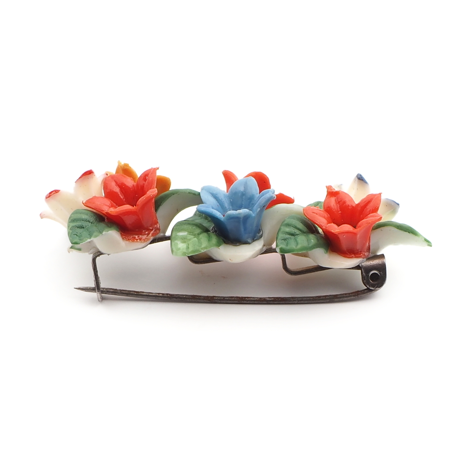 Vintage Bohemian Deco celluloid plastic painted flowers leaves pin brooch