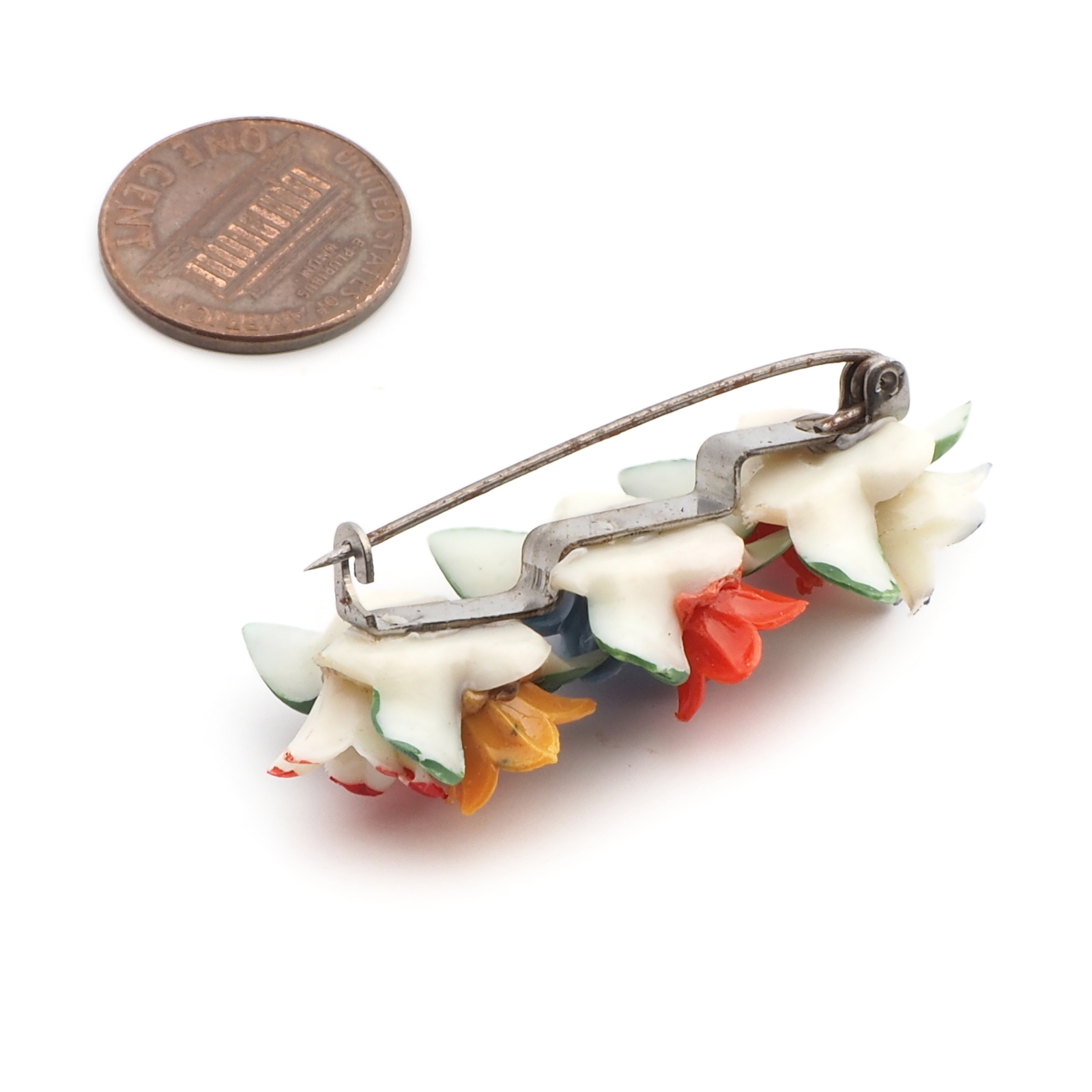 Vintage Bohemian Deco celluloid plastic painted flowers leaves pin brooch