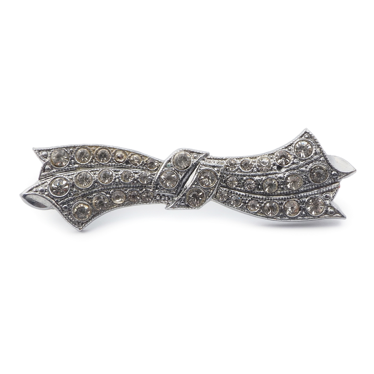 Vintage Deco Czech rhodium plate glass rhinestone bow pin brooch