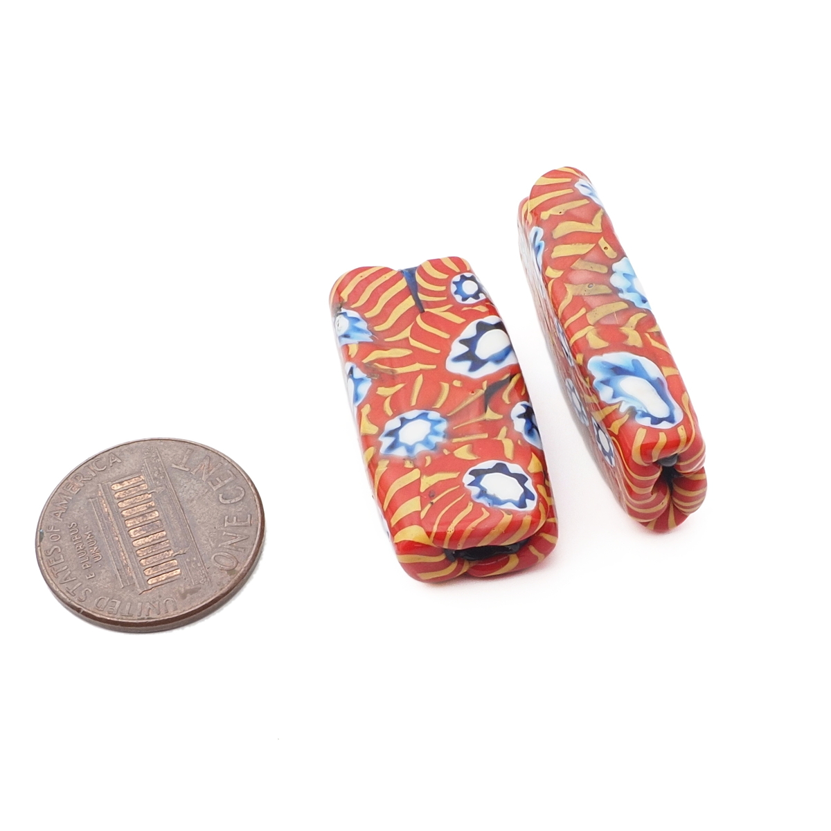 Lot (2) antique Venetian Murano orange yellow millefiori mosaic rectangle glass beads 31mm