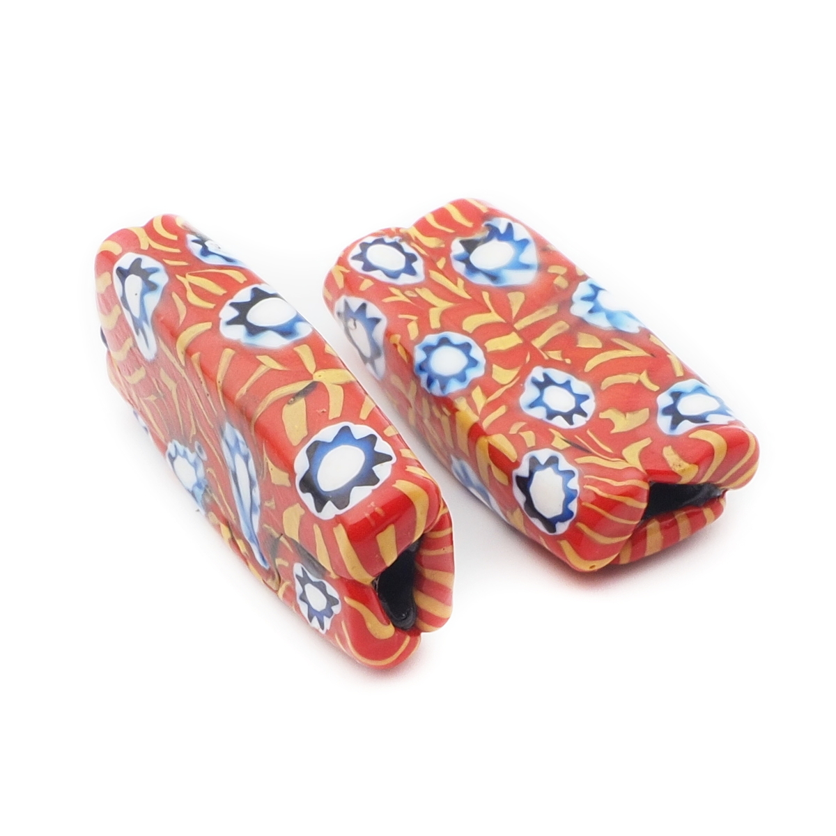 Lot (2) antique Venetian Murano orange yellow millefiori mosaic rectangle glass beads 31mm
