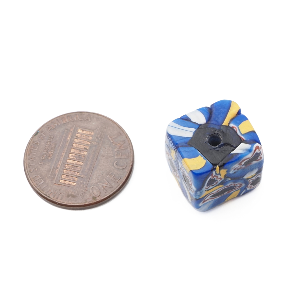 Antique Venetian Murano blue millefiori mosaic cube glass bead 13mm