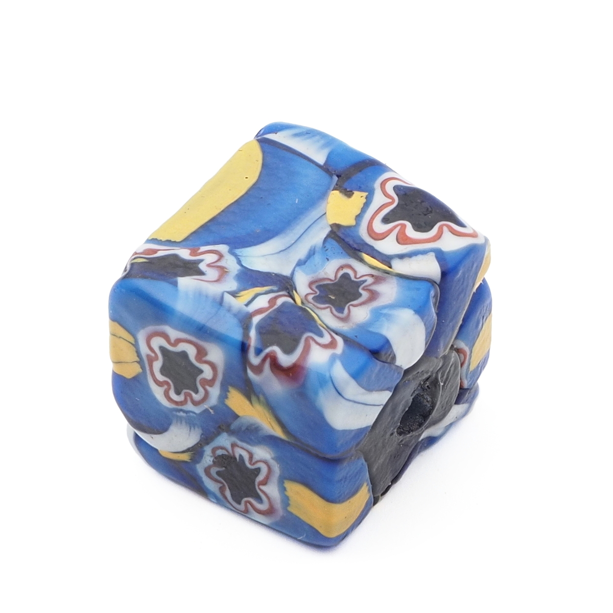 Antique Venetian Murano blue millefiori mosaic cube glass bead 13mm