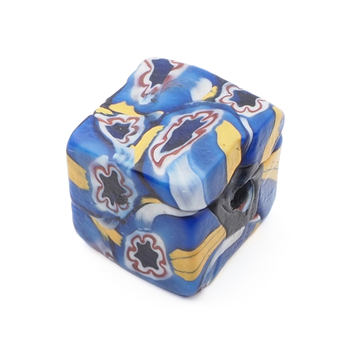 Antique Venetian Murano blue millefiori mosaic cube glass bead 13mm
