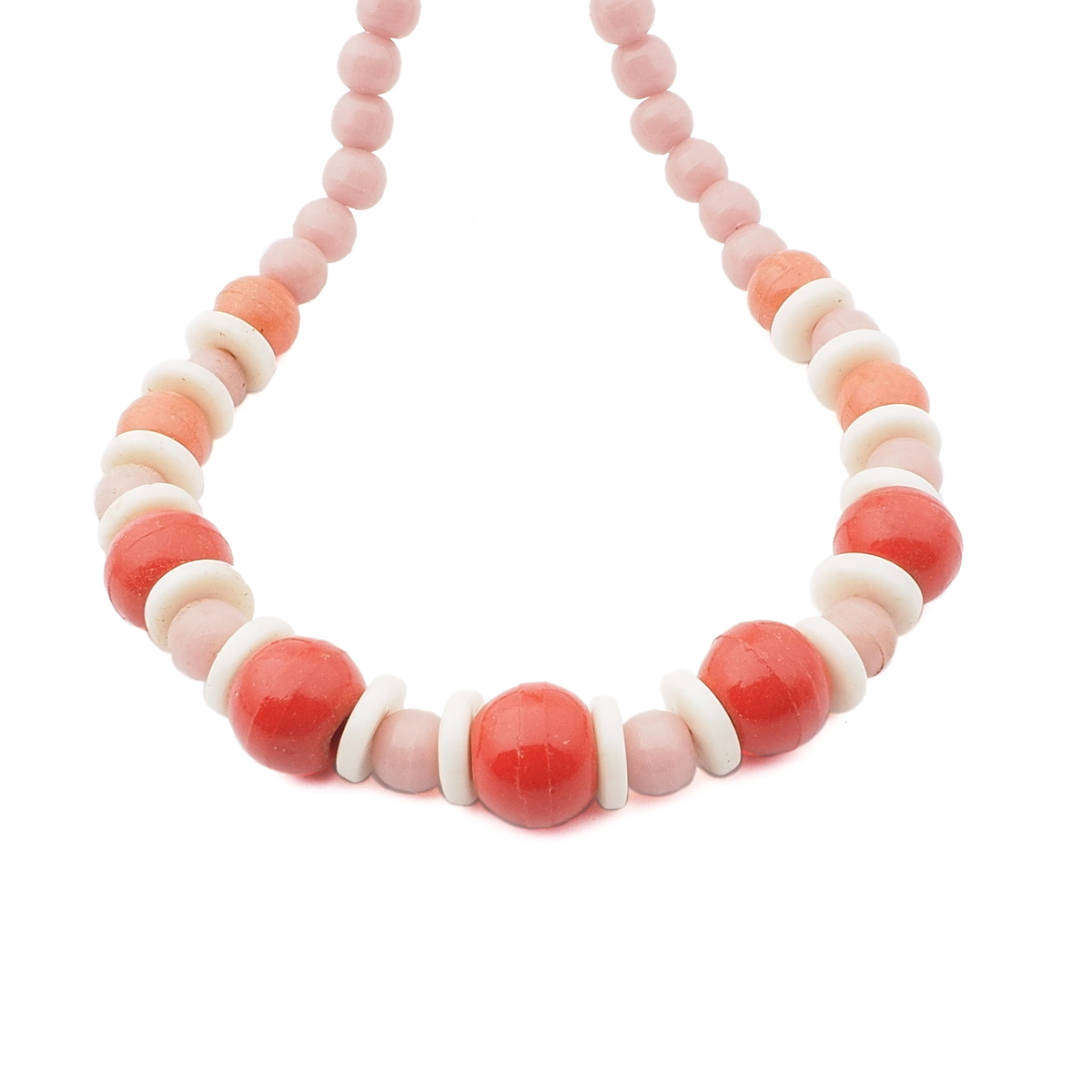 Vintage Czech necklace white pink red round rondelle trade glass beads