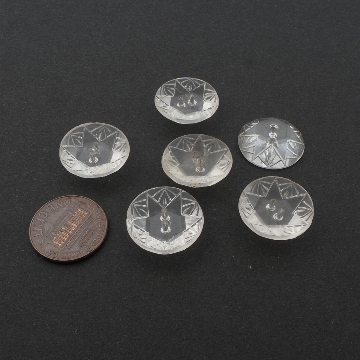 Lot (6) vintage Deco Czech intaglio star clear glass buttons 18mm