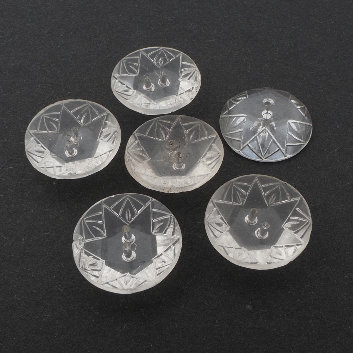 Lot (6) vintage Deco Czech intaglio star clear glass buttons 18mm