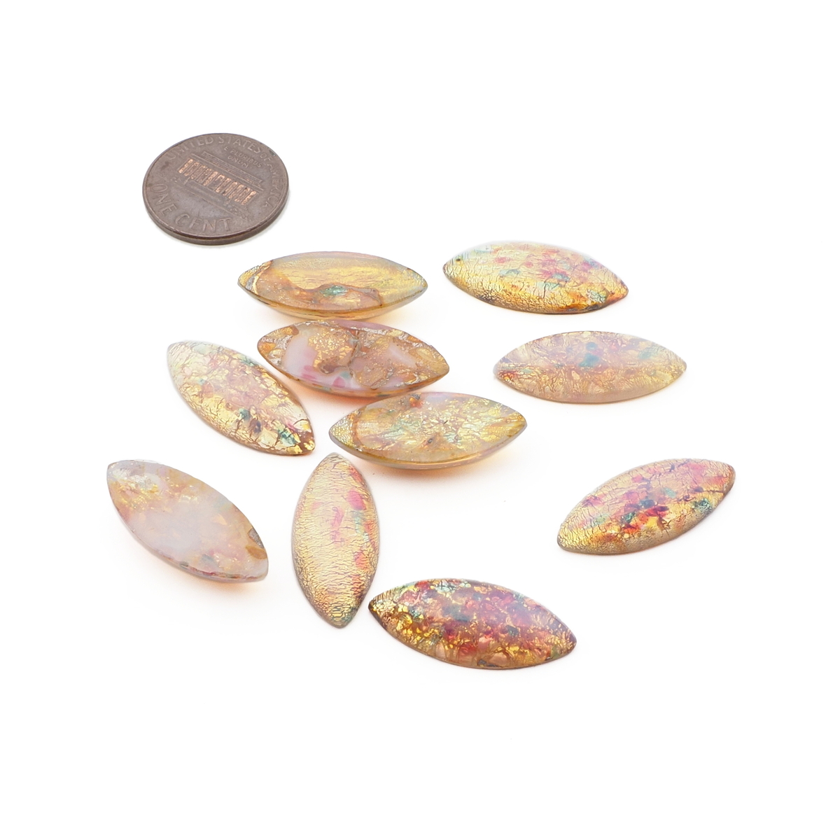 Lot (9) Czech vintage foil marble fire opal oval Harlequin glass cabochons 23x10mm