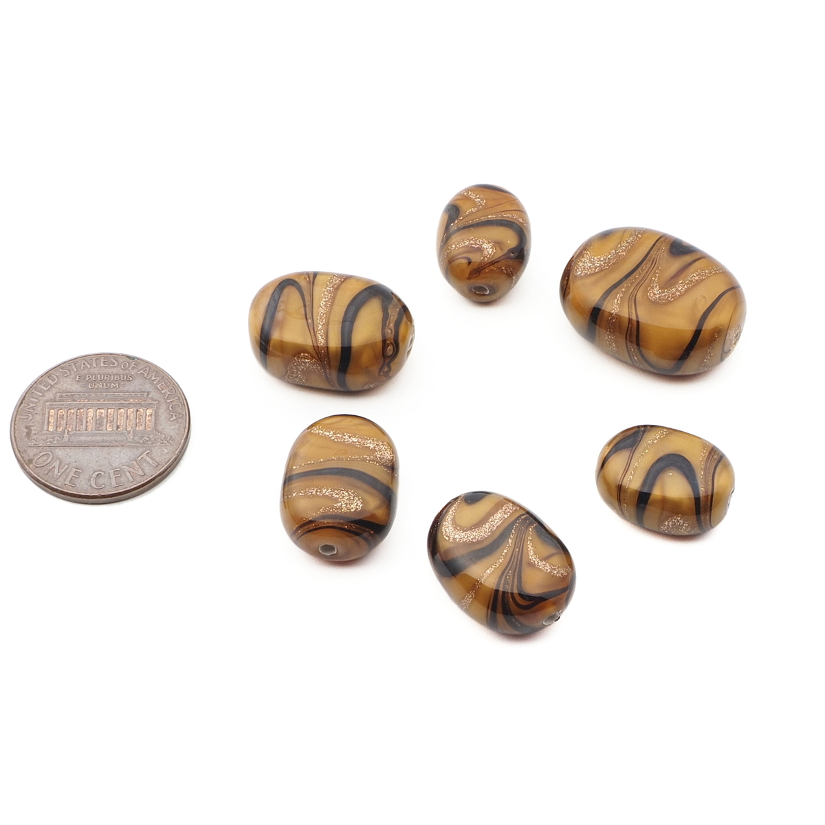Lot (6) Czech aventurine gold black caramel satin swirl lampwork glass beads 