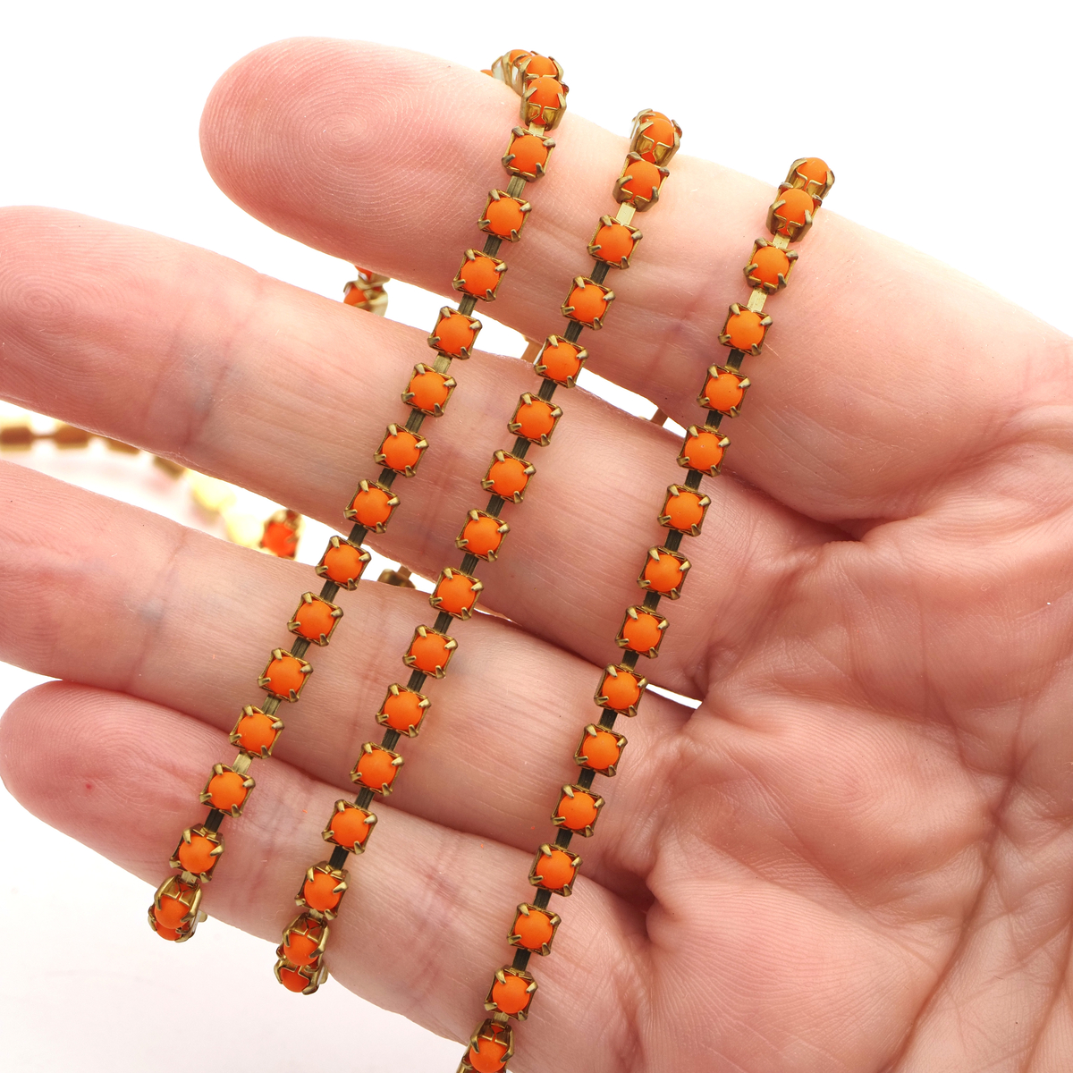 Preciosa SS12, 1 meter Orange glow fluorescent UV pearl cup chain raw brass jewelry resin art