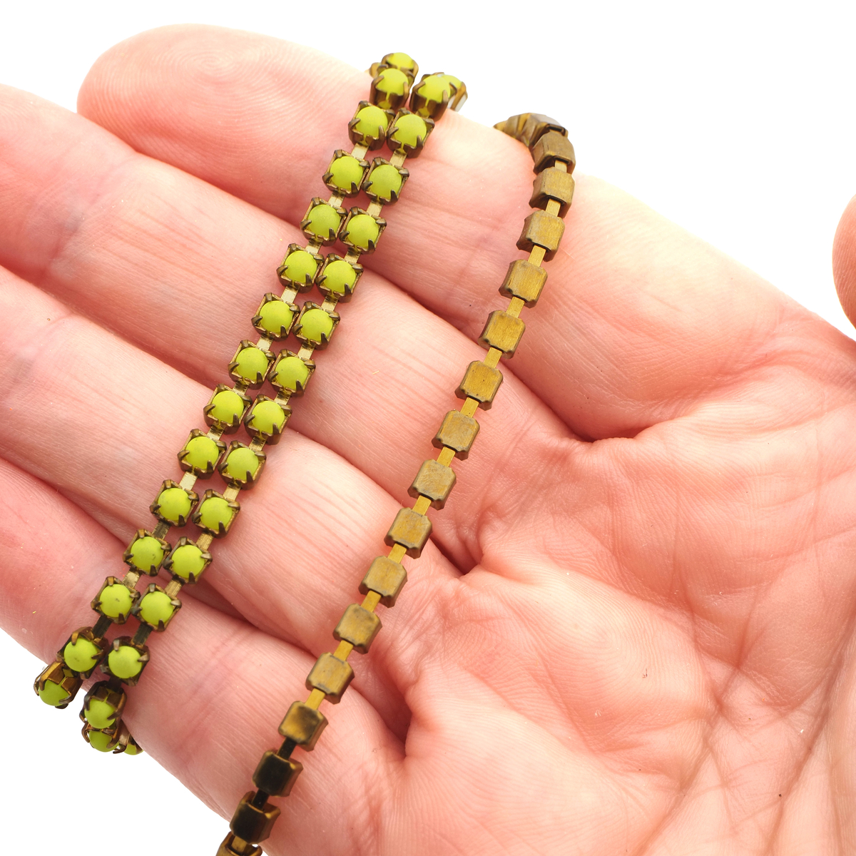 Yellow UV glow fluorescent pearl cup chain raw brass jewelry Preciosa SS12, 1 meter