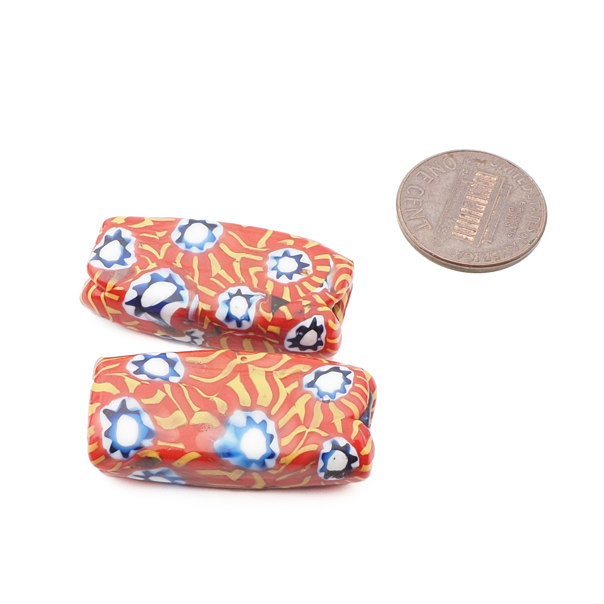 Lot (2) antique Venetian Murano orange yellow millefiori mosaic rectangle glass beads 31mm