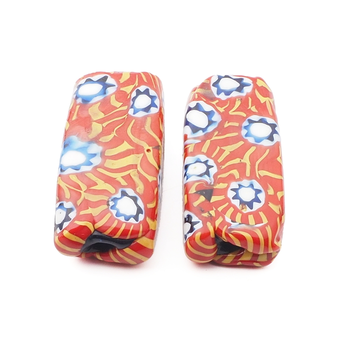 Lot (2) antique Venetian Murano orange yellow millefiori mosaic rectangle glass beads 31mm
