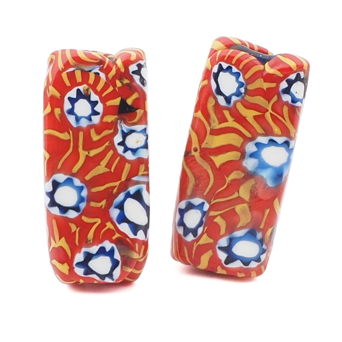 Lot (2) antique Venetian Murano orange yellow millefiori mosaic rectangle glass beads 31mm