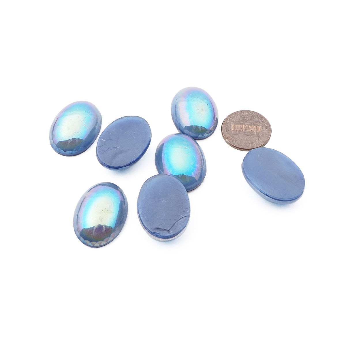Lot (7) Czech vintage blue vitrail lustre oval glass cabochons 25x18mm