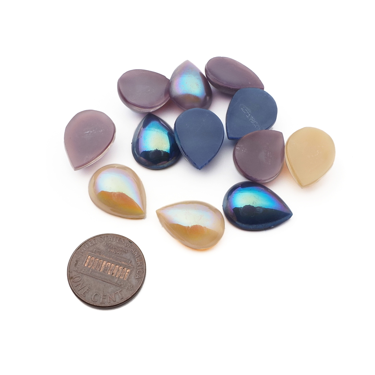 Lot (12) Czech vintage vitrail lustre teardrop glass cabochons 18x14mm