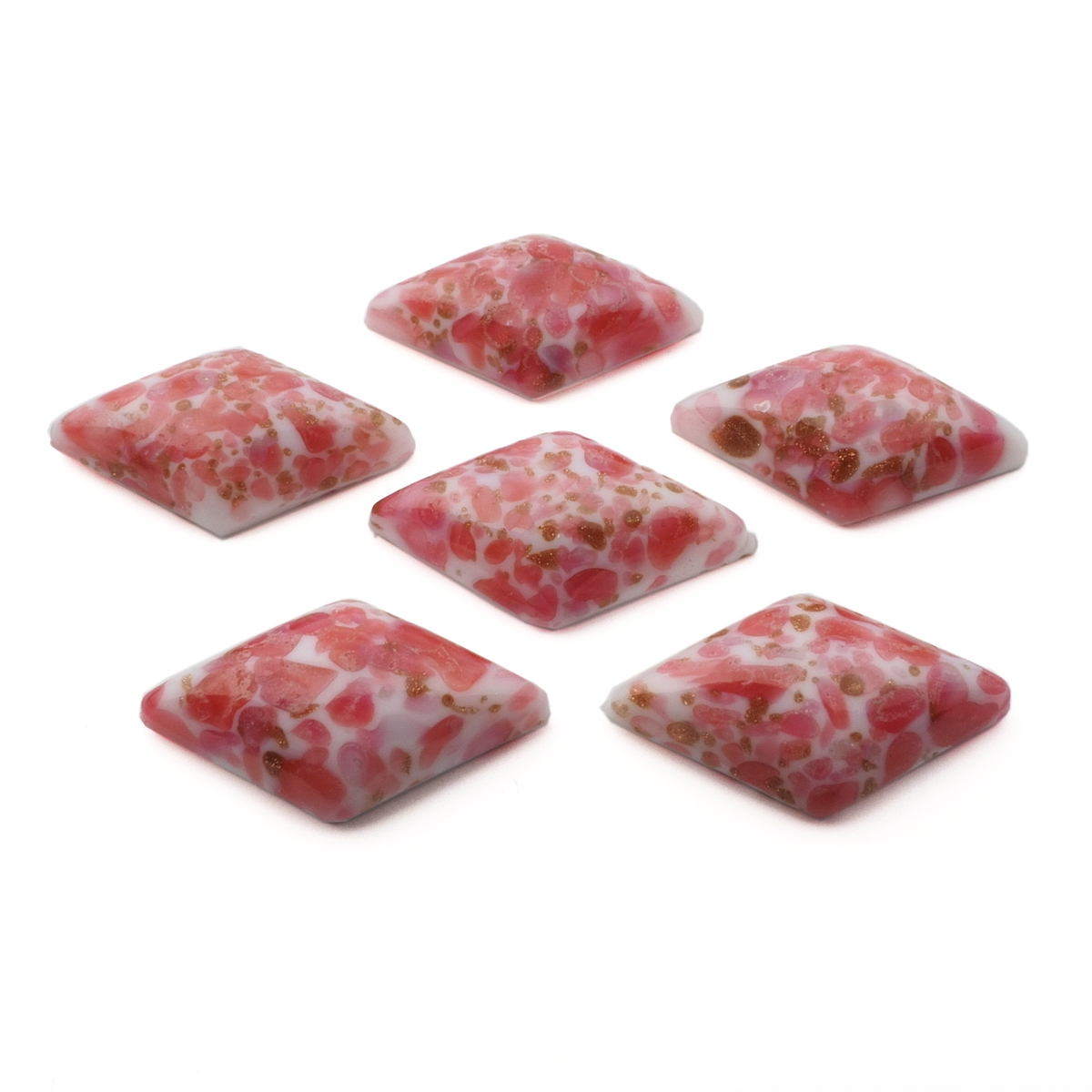Lot (6) Czech vintage pink marble aventurine rhomboid glass cabochons 24x14mm