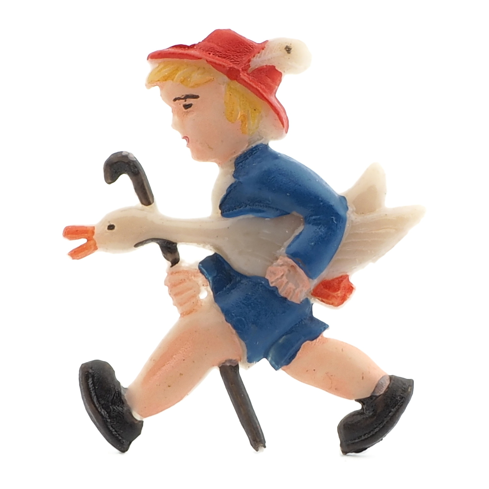 Vintage Art Deco hand painted boy with duck celluloid pin brooch 