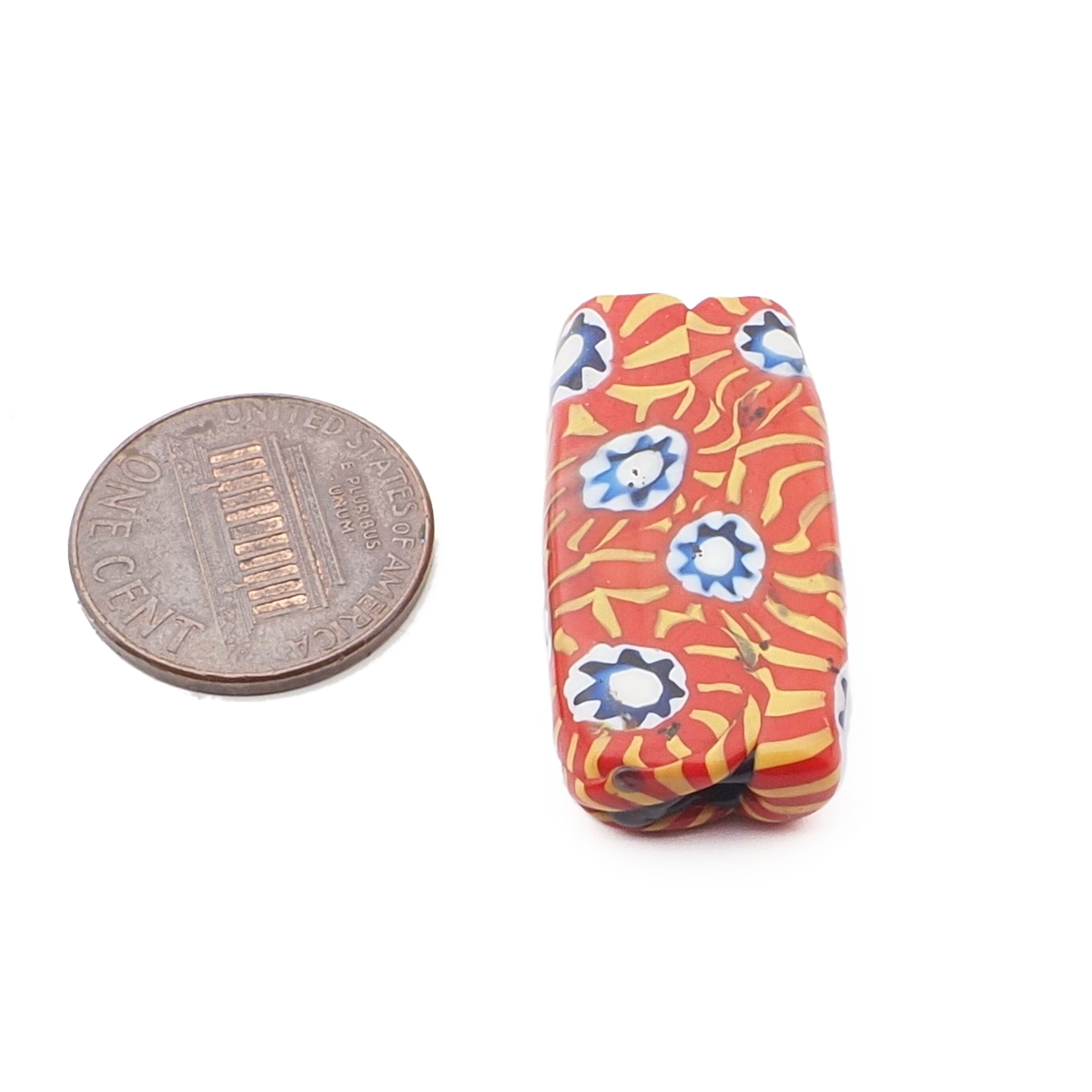 Antique Venetian Murano orange millefiori mosaic rectangle glass bead 31mm