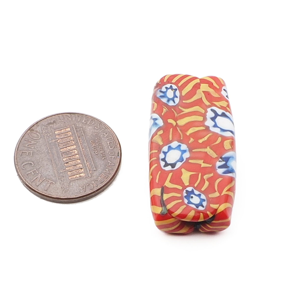 Antique Venetian Murano orange millefiori mosaic rectangle glass bead 31mm
