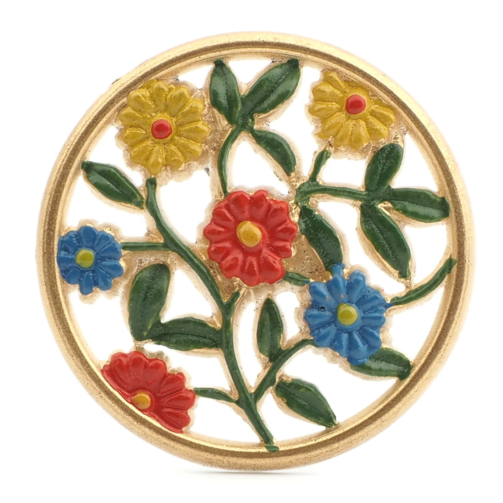 Vintage Art Deco hand painted gold gilt pierced floral round celluloid pin brooch 