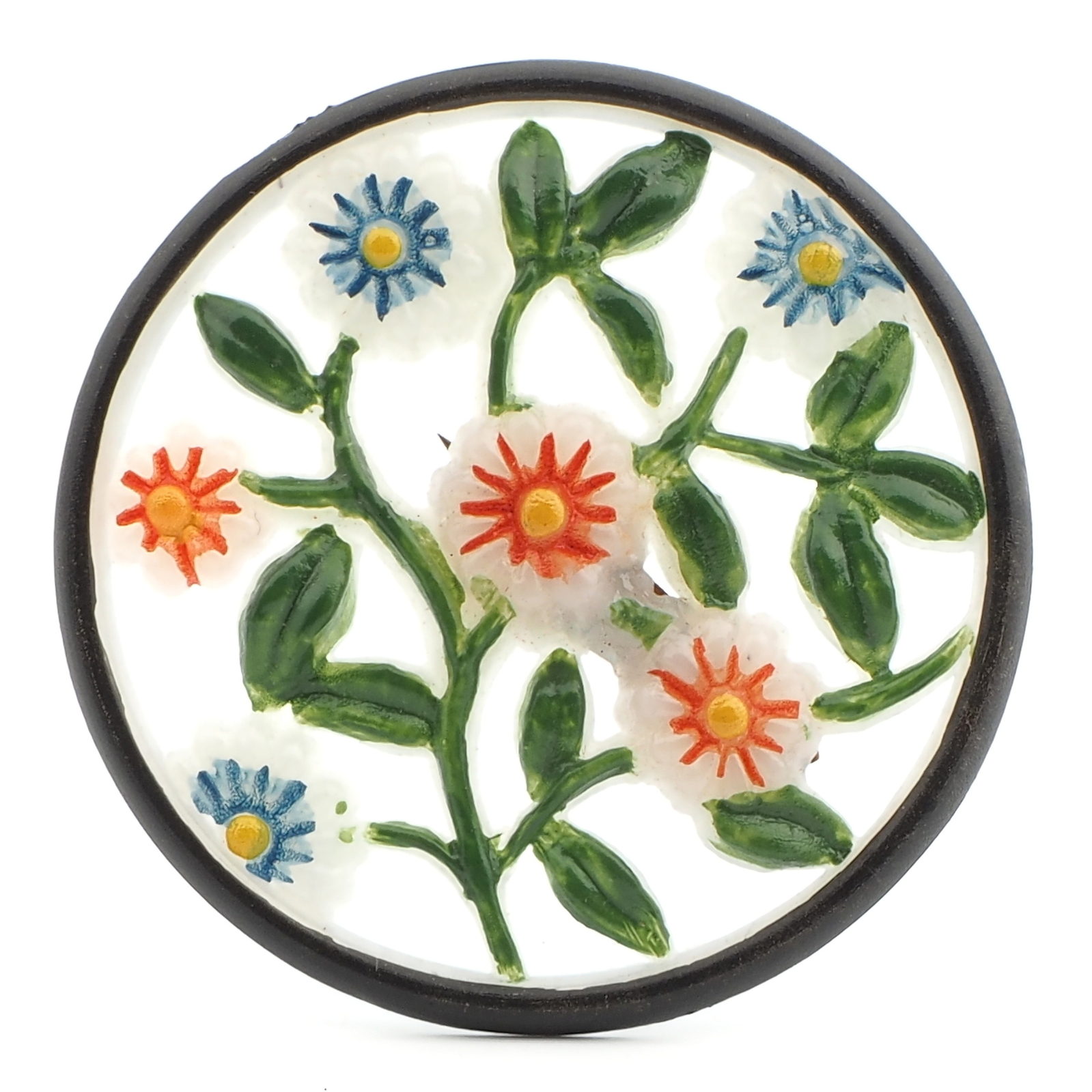 Vintage Art Deco hand painted pierced floral round celluloid pin brooch 