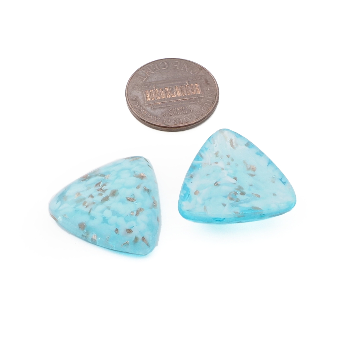 Lot (2) Czech vintage blue clear marble aventurine triangle glass cabochons 20mm