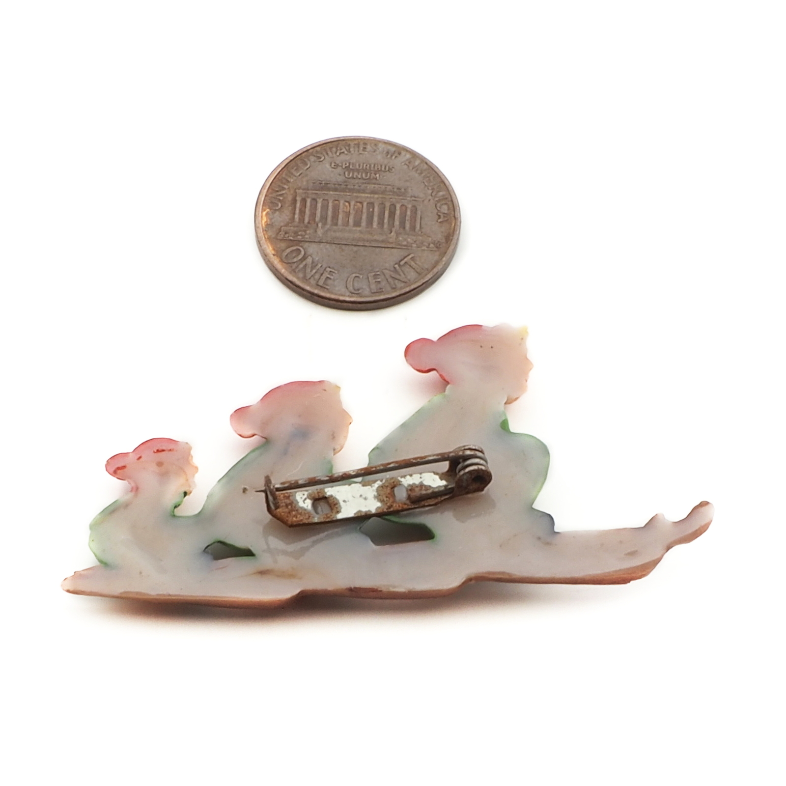 Vintage Art Deco hand painted skiing family celluloid pin brooch