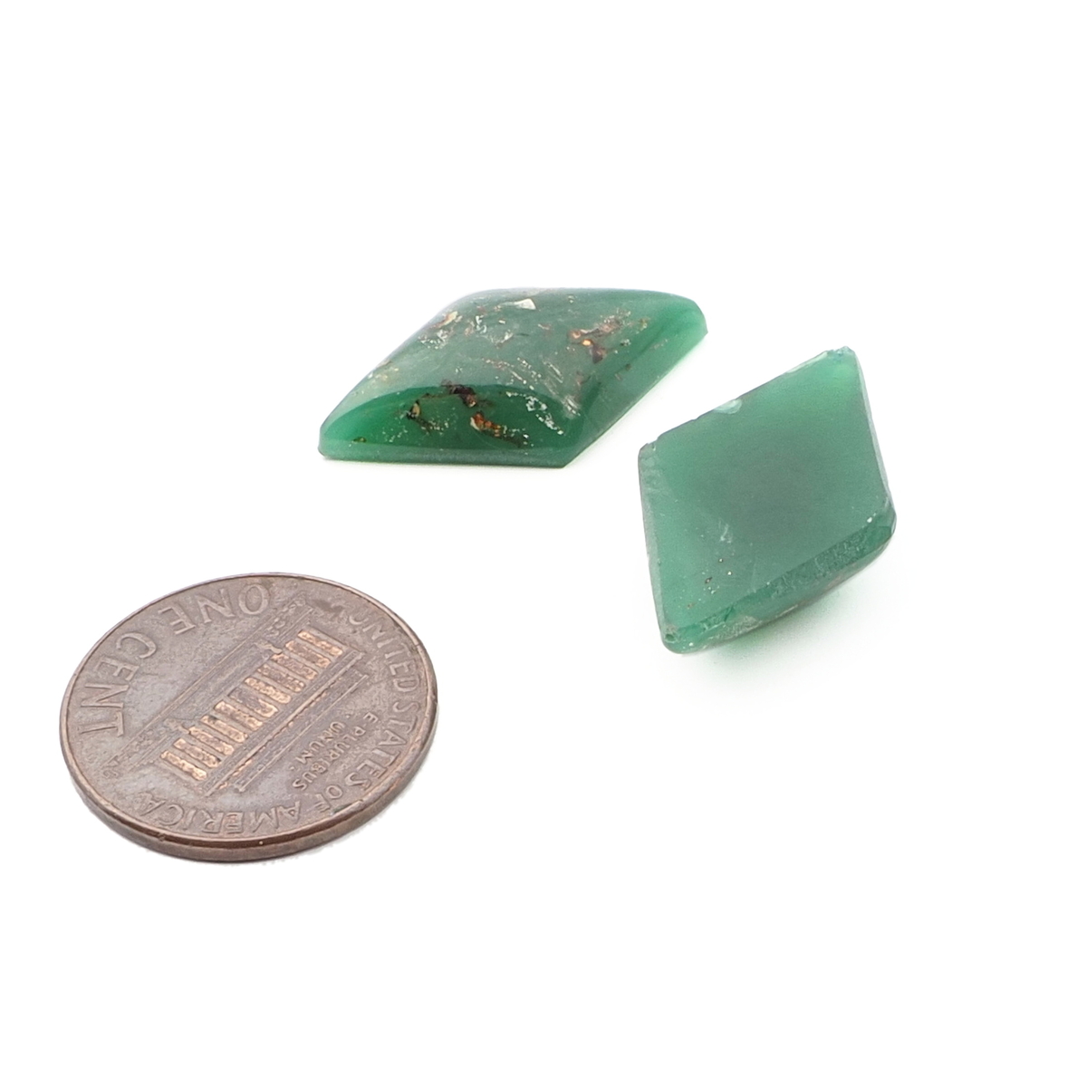 Lot (2) Czech vintage gold foil chrysoprase green rhomboid glass cabochons 24x14mm