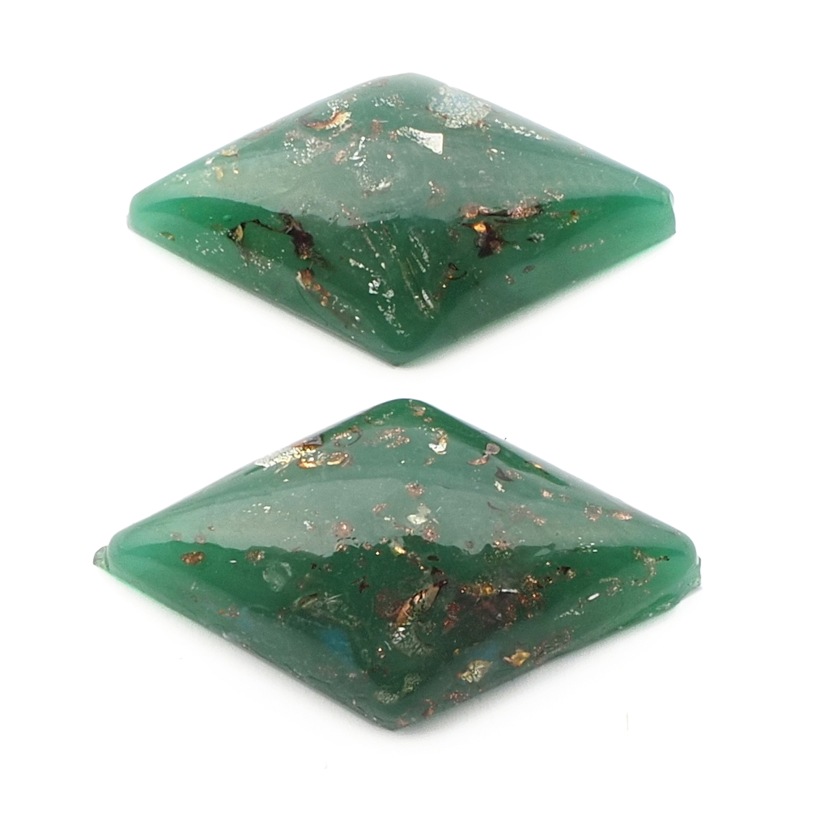 Lot (2) Czech vintage gold foil chrysoprase green rhomboid glass cabochons 24x14mm